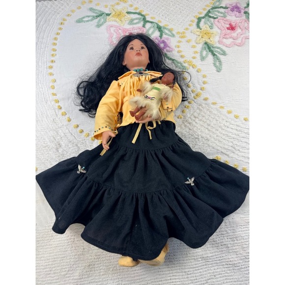 Native American Porcelain Doll with Baby & Accessories Collectible Decor - Picture 3 of 12